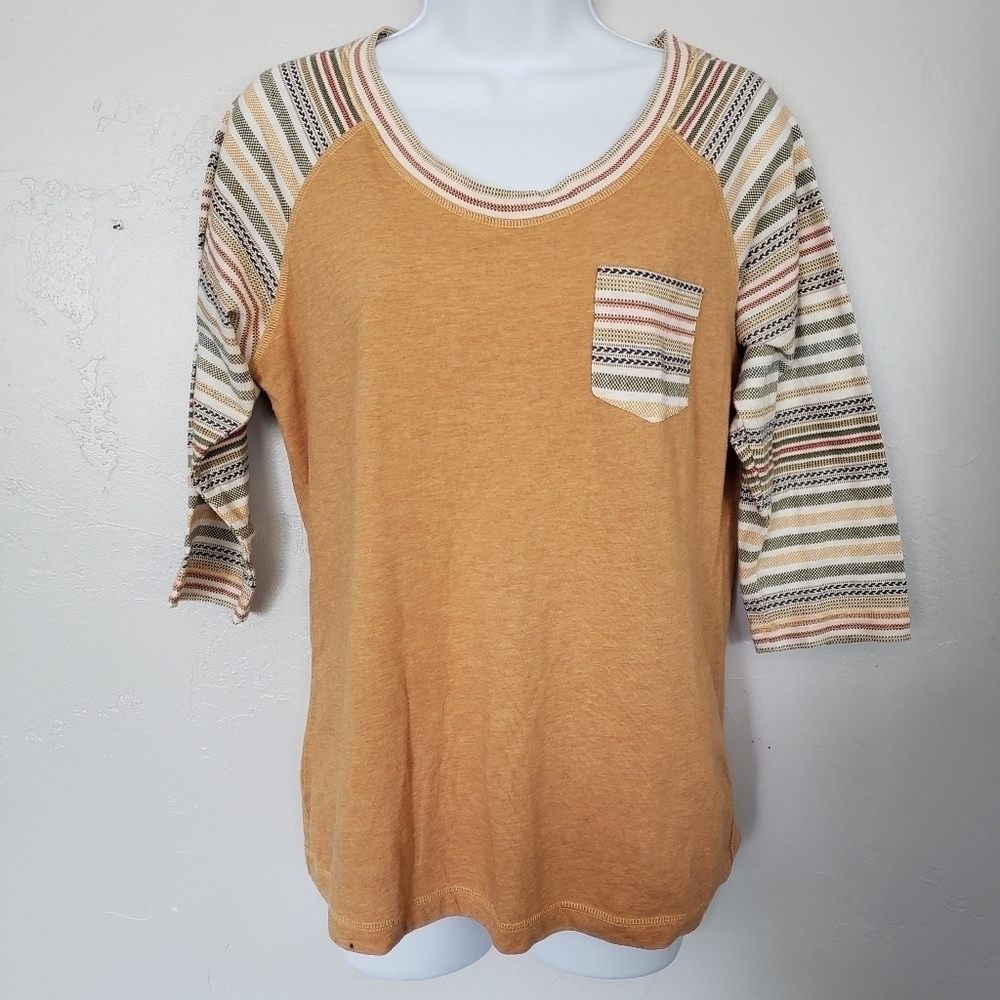 Cruel Girl Women's Medium Mustard Raglan Shirt Quarter Sleeve Stripes Western
